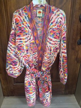 FARM Rio Multicolor Knit Belted Heart Cardigan in Pink Orange Yellow Blue Cream